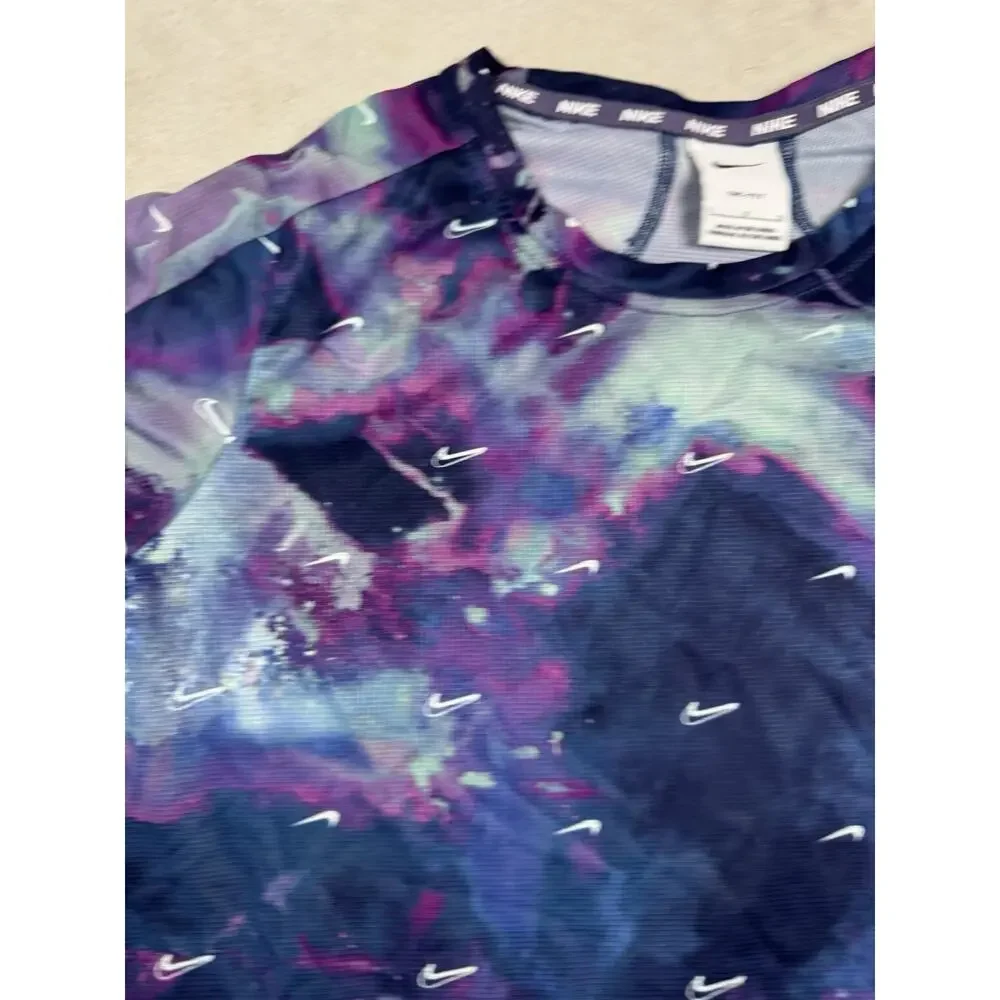 Nike Dri-FIT Boys L Blue Purple Allover Swoosh Athletic Shirt Youth